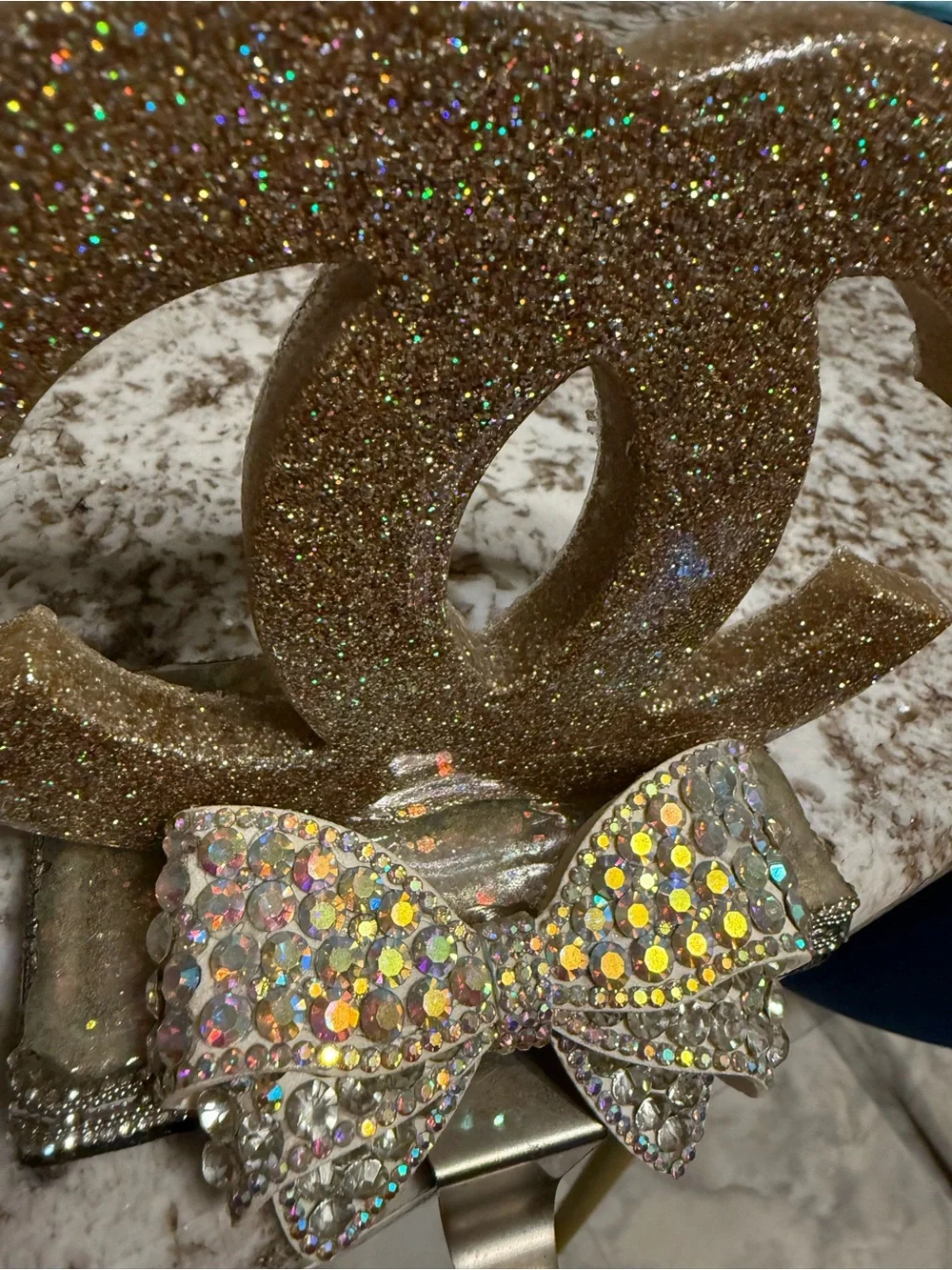 Glitter Rhinestone Bow Christmas Stocking Holder Glam Mantel Decor Handmade